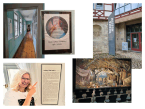 Collage aus Ansichten von mehreren kleineren Museen in Meiningen, mit Blick in langen Flur und Holzboden, Fachwerkhaus, ein Bildnis von Christophine Schiller, eine blonde Frau vor einem Text von Ludwig Bechstein und eine Theaterkulisse.